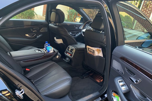 Mercedes Benz Luxury Sedan Black Car Limo Service Interior Passenger Side Image