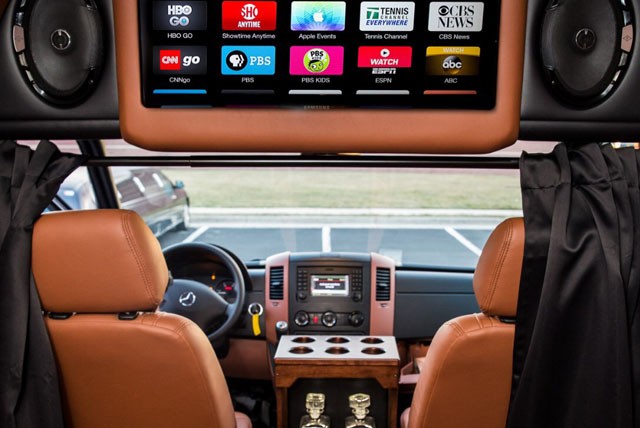 Mercedes Sprinter Ultra Luxury Limo Service Interior View Of Flatscreen TV Image