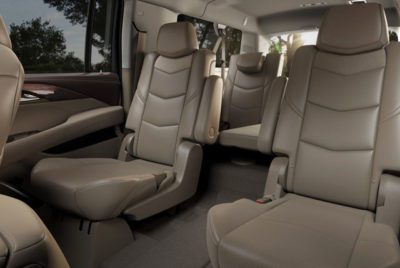 Leather rear seating inside a chauffeured Cadillac Escalade