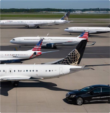 Commercial airplanes parked on airport tarmac with airline jets and service vehicle