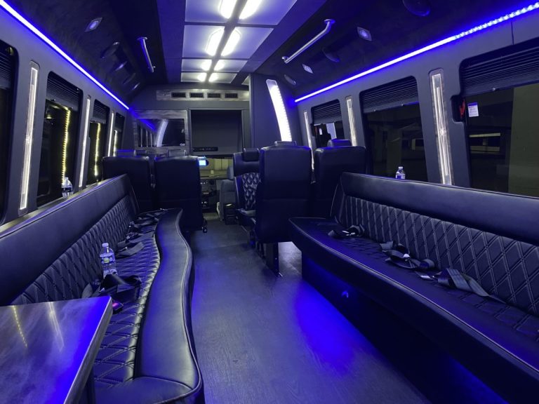 RDV Limo Executive Party Bus interior with leather seating and LED lighting - Washington DC