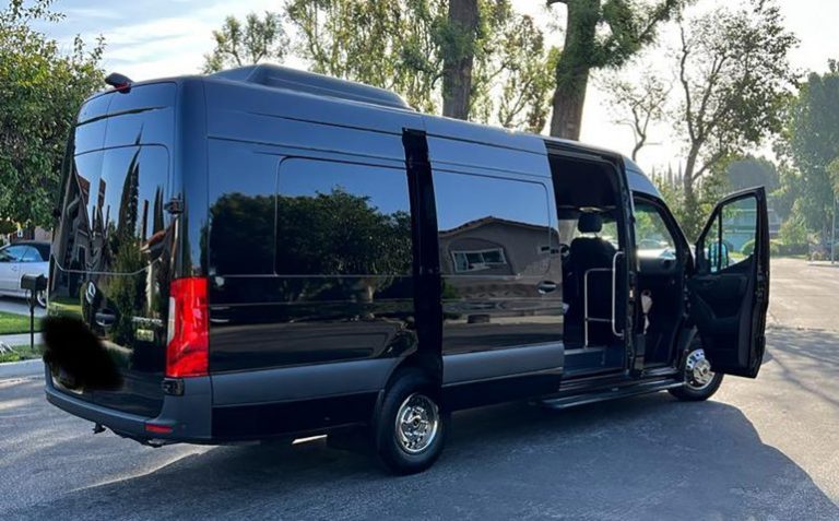 Luxurious black passenger van parked on a sunny residential street