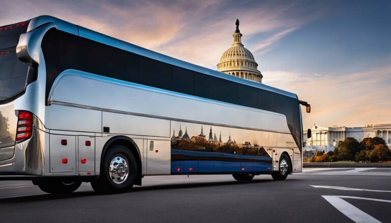Modern tour bus driving past the US Capitol building at sunset in Washington DC.