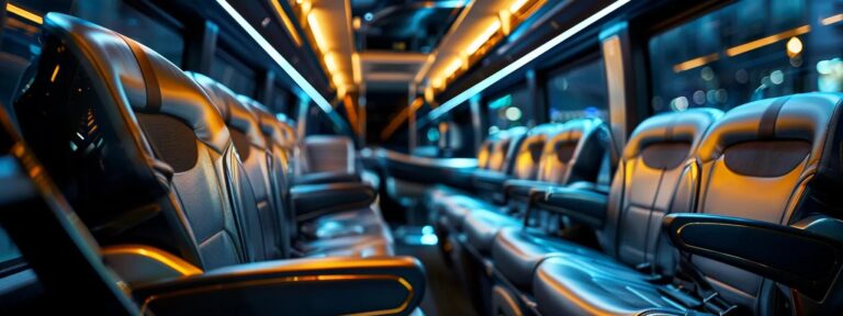 a luxurious coach interior showcases plush seating, ambient lighting, and modern amenities, capturing the essence of an elevated travel experience in a sleek urban setting.