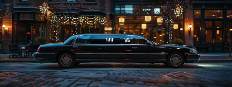 a sleek, glossy black limousine parked in an upscale urban winery district, illuminated by soft evening lights, showcasing a sophisticated alternative to traditional transportation.