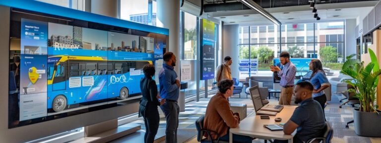 in a modern urban office setting, a diverse group of professionals engages in a lively discussion around a sleek conference table, analyzing a large digital display showcasing local mini bus rental options, with vibrant charts and graphics illustrating costs and routes. the room is filled with bright, natural light streaming through large windows, illuminating the contemporary decor featuring a clean color palette of blues and whites, creating an atmosphere of collaboration and productivity. a visual metaphor of a mini bus icon subtly integrated into the digital display symbolizes clarity and convenience in transportation choices. this scene is shot from a slightly elevated angle, using a canon eos r5 with a 24-70mm lens, set to f/4 for depth of field, with an emphasis on global illumination to highlight the optimally designed space and engaged interactions.