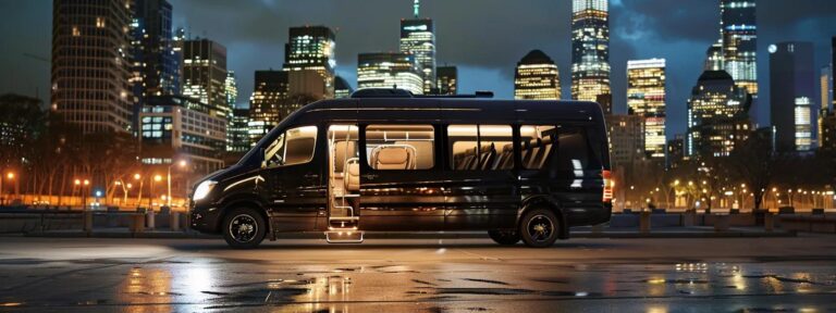 a sleek, luxurious mini bus parked in an upscale urban environment, showcasing its plush interior through panoramic windows, with city lights softly reflecting off its polished exterior.