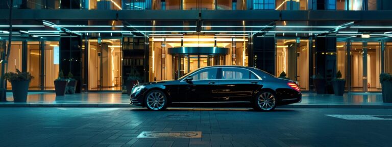 a sleek black luxury sedan sits poised outside a modern corporate office building, gleaming under the bright city lights, showcasing the professionalism and elegance of corporate car service providers.
