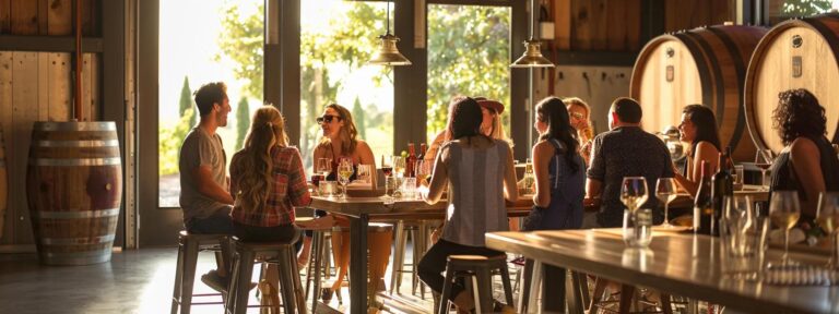a sophisticated wine tasting room, elegantly adorned with oak barrels and polished wooden tables, showcases a group of revelers engaged in a lively discussion, their glasses reflecting the warm, ambient lighting, capturing the essence of an elevated wine tour experience.