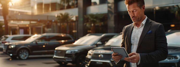 a sleek, modern office environment showcases a professional in smart attire reviewing a tablet, surrounded by luxury vehicles ready for private transportation, highlighting the essential factors in selecting the best service.