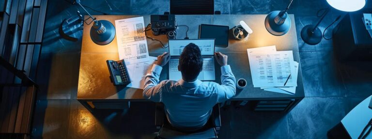 a sharply lit urban office environment features a professional at a sleek desk, analyzing a detailed invoice with highlighted sections indicating hidden fees related to car transportation services, surrounded by modern digital devices that enhance the narrative of transparency and awareness in financial dealings.