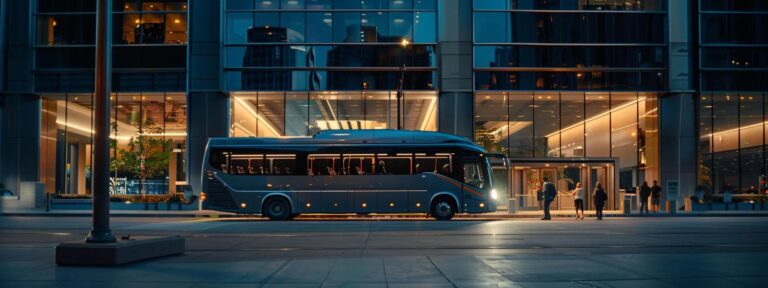 a sleek, modern charter bus parked in front of a contemporary office building, showcasing a seamless travel experience with professional passengers engaging in candid conversations as they prepare for their journey.