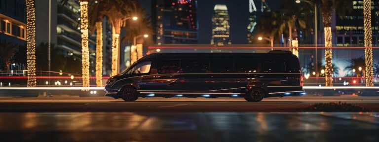 a sleek, opulent charter vehicle is parked in a modern urban setting, illuminated by the golden glow of city lights, showcasing the pinnacle of luxury travel for discerning clientele.