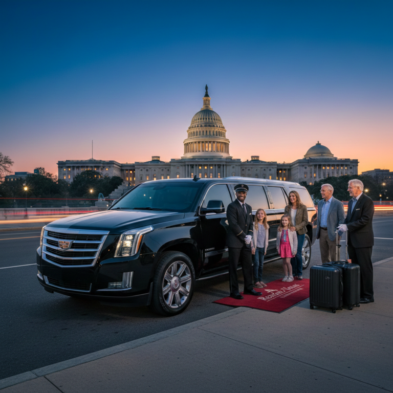 Luxury SUV limo service greeting passengers near the U.S. Capitol at sunset.