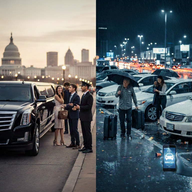 Luxury pickup vs. rainy street pickup showing contrasting travel experiences
