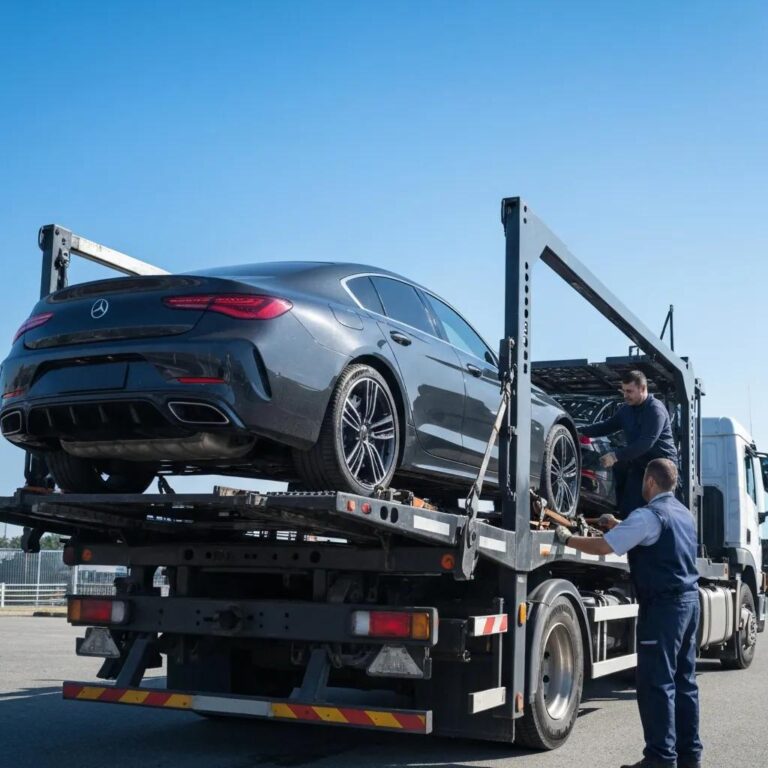 Luxury vehicle being loaded onto a transport truck, showcasing professional car transportation service