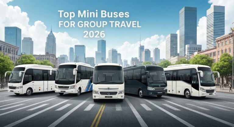 Lineup of top mini buses for group travel 2026 in city setting
