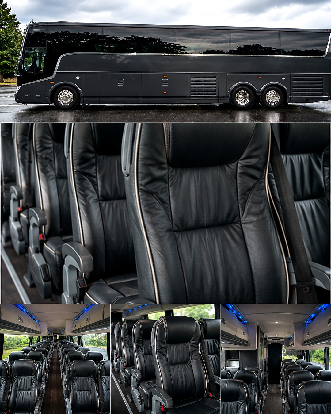 RDV Limousine charter coach bus exterior and premium leather seating interior, Northern Virginia coach rental