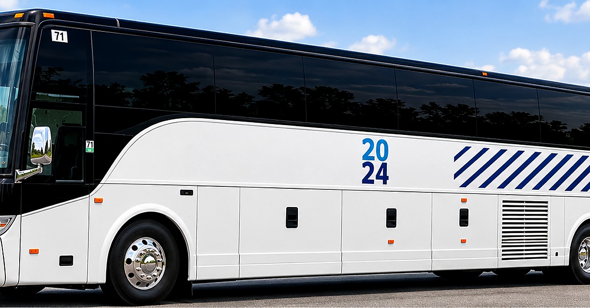 White Van Hool charter bus exterior, RDV Limousine 56-passenger coach bus rental serving Washington DC, Maryland and Virginia